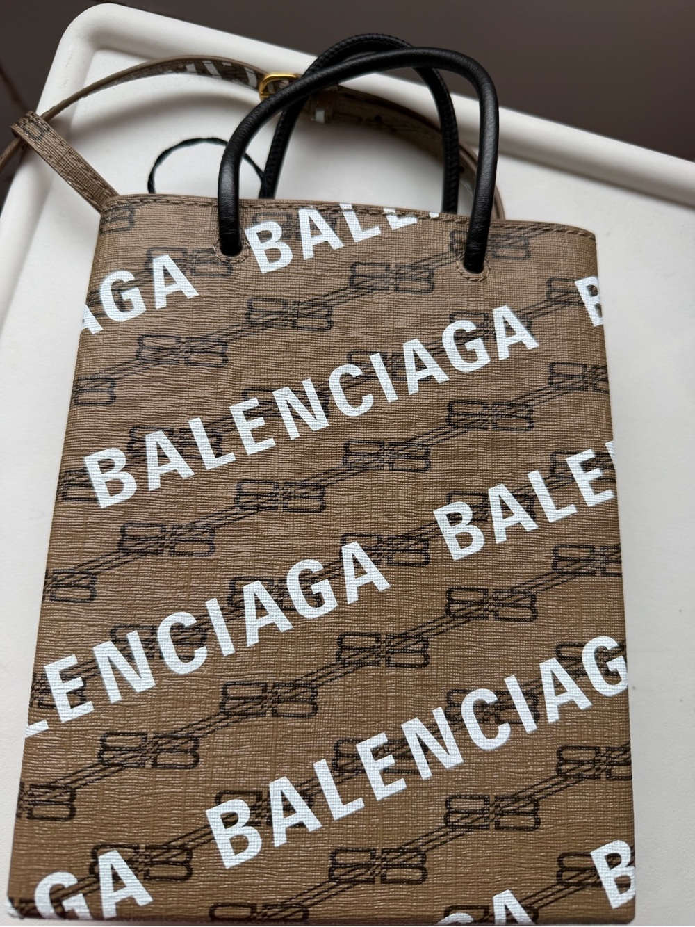 Balenciaga Brown Canvas Tote with White Logo and Black Handles